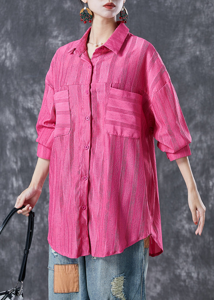 Modern Rose Oversized Striped Cotton Shirt Top Summer