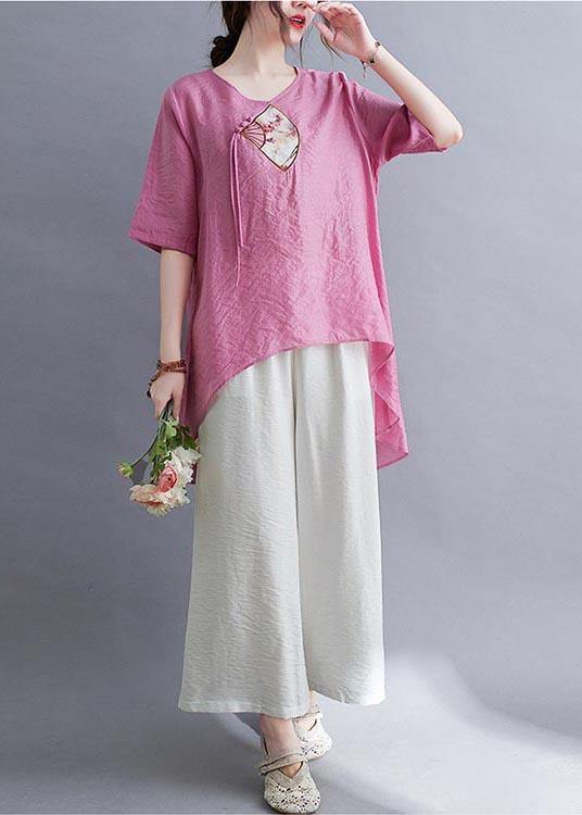 Modern Rose low high design Cotton Linen T Shirt Summer - SooLinen