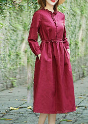 Modern Ruffled drawstring spring Tunics Fabrics red Dress - SooLinen