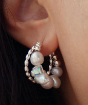 Modern Silk Sterling Silver Asymmetricar Crystal Pearl Hoop Earrings