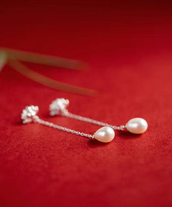 Modern Silk Sterling Silver Inlaid Pearl Lotus Drop Earrings