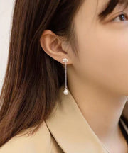 Modern Silk Sterling Silver Inlaid Pearl Lotus Drop Earrings
