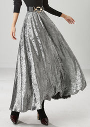 Modern Silvery Exra Large Hem Silk Velour Skirt Fall