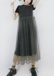Modernes, einfarbiges, graues Patchwork-Tüllkleid mit O-Ausschnitt und langem, ärmellosem Kittel