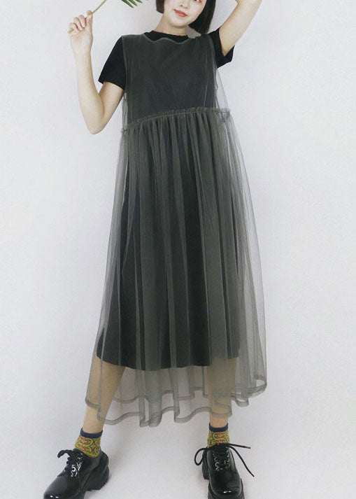 Modern Solid Color Grey O-Neck Patchwork Tulle Dress Long Smock Sleeveless