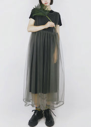 Modern Solid Color Grey O-Neck Patchwork Tulle Dress Long Smock Sleeveless