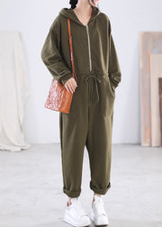 Modern Solid Green Hooded Zippered Drawstring Cotton Overalls Jumpsuit Long Sleeve