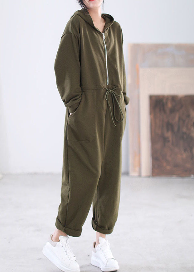 Modern Solid Green Hooded Zippered Drawstring Cotton Overalls Jumpsuit Long Sleeve