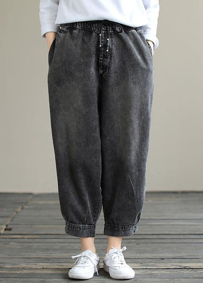 Modern Spring Wide Leg Pants Trendy Plus Size Denim Gray Sewing Elastic Waist Pockets Jeans - SooLinen