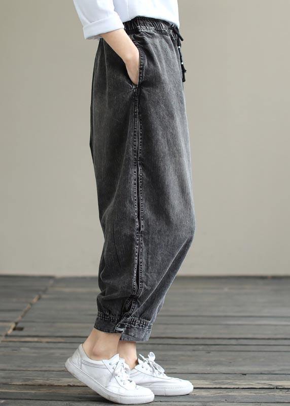 Modern Spring Wide Leg Pants Trendy Plus Size Denim Gray Sewing Elastic Waist Pockets Jeans - SooLinen