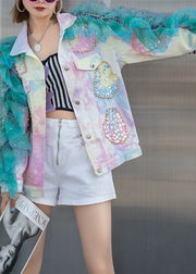 Modern Stand Collar Sequins Tulle Patchwork Nail Bead Button Denim Coats Fall