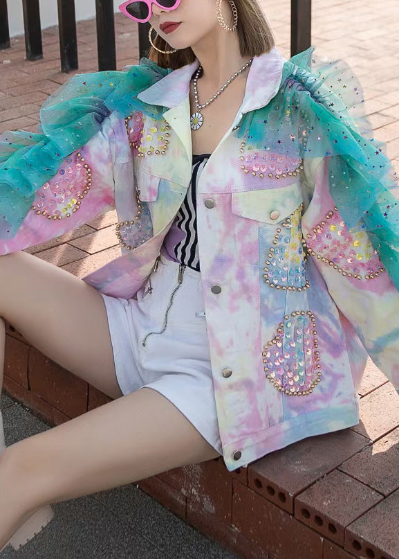 Modern Stand Collar Sequins Tulle Patchwork Nail Bead Button Denim Coats Fall