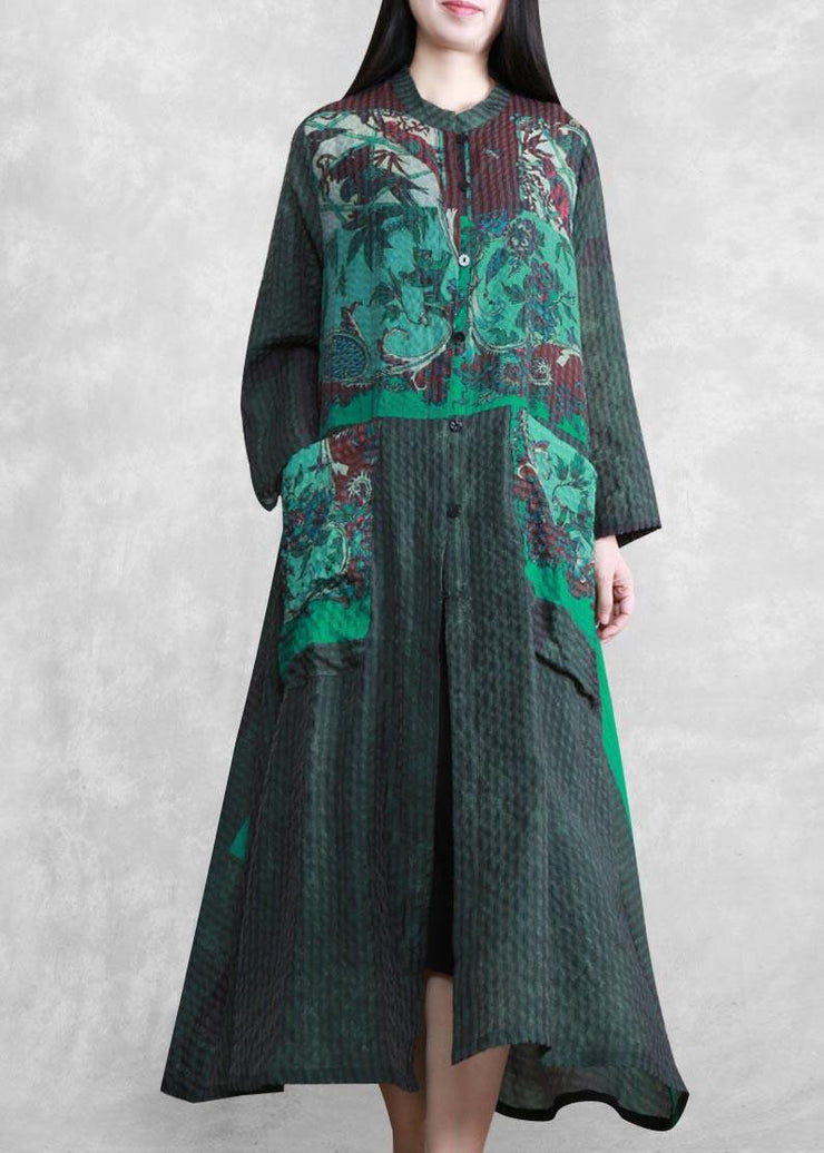 Modern Stand Collar Spring Tunics Sewing Green Print A Line Dress - SooLinen