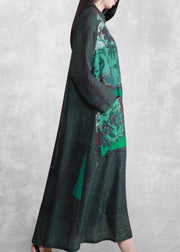 Modern Stand Collar Spring Tunics Sewing Green Print A Line Dress - SooLinen