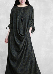 Modern V Neck Asymmetric Spring Clothes For Women Design Green Print Loose Dress - SooLinen