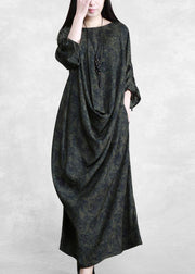 Modern V Neck Asymmetric Spring Clothes For Women Design Green Print Loose Dress - SooLinen