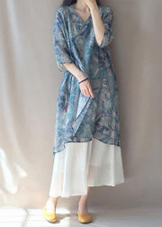 Modern V Neck Half Sleeve Quilting Dresses Pattern Blue Print Robes Dress - SooLinen