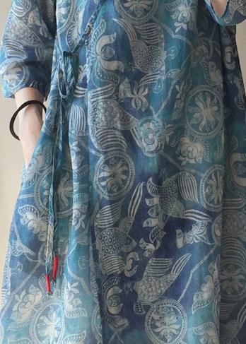 Modern V Neck Half Sleeve Quilting Dresses Pattern Blue Print Robes Dress - SooLinen