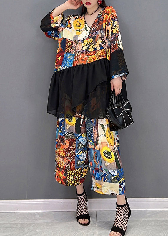 Modern V Neck Print Tulle Patchwork Chiffon Tops And wide leg pants Two Pieces Set Spring