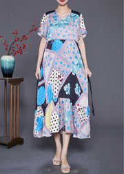 Modern V Neck Ruffles Patchwork Print Silk Dress Summer