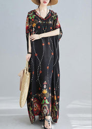 Modern V Neck Spring Clothes Women Wardrobes Black Print Maxi Dress - SooLinen