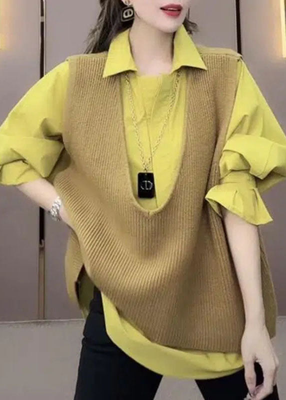 Modern V Neck Yellow Knit Waistcoat And Shirts Two Pieces Set Long Sleeve