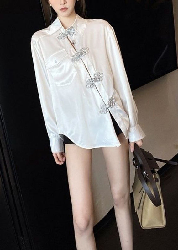 Modern White Asymmetrical Chinese Button Silk Blouse Tops Fall
