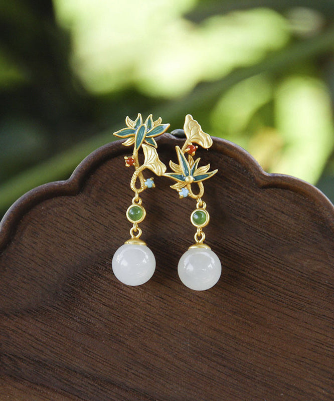 Modern White Asymmetrical Lotus Jade Drop Earrings