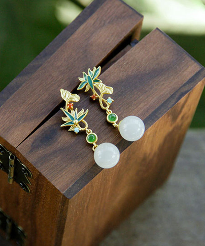 Modern White Asymmetrical Lotus Jade Drop Earrings