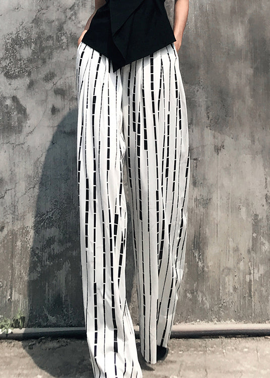 Modern White Asymmetrical Pockets Striped Cotton Pants Spring
