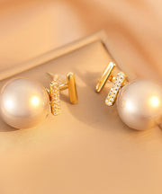 Modern White Copper Overgild Pearl Zircon Stud Earrings