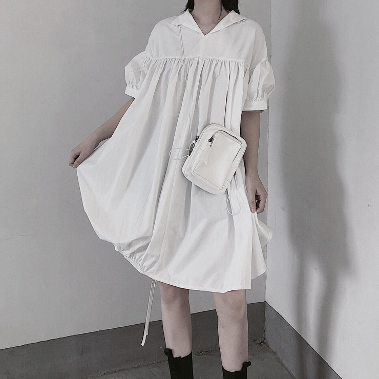 Modern White Dresses O Neck Drawstring loose Dress - SooLinen
