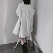 Modern White Dresses O Neck Drawstring loose Dress - SooLinen