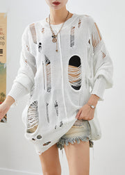 Modern White Hollow Out Knit Ripped Tops Fall