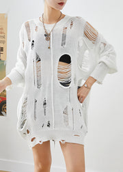 Modern White Hollow Out Knit Ripped Tops Fall