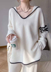 Modern White Hooded Patchwork Woolen Sweater Tops Fall