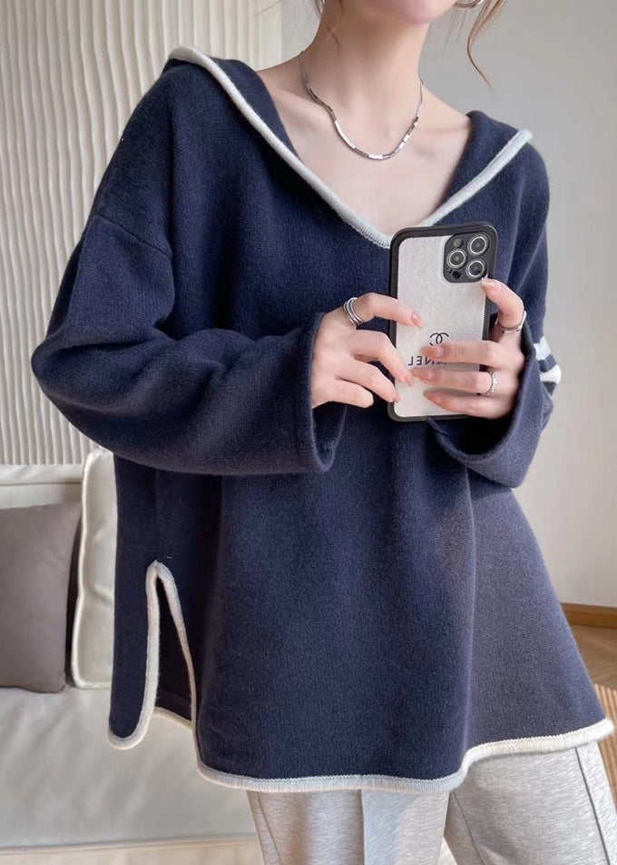 Modern White Hooded Patchwork Woolen Sweater Tops Fall