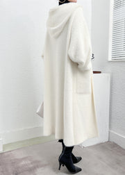 Modern White Hooded Pockets Mink Hair Knitted Cardigan Fall