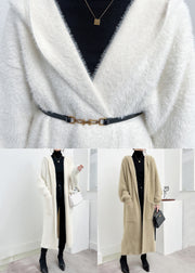 Modern White Hooded Pockets Mink Hair Knitted Cardigan Fall