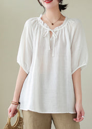 Modern White Lace Up Ruffled Linen Shirts Summer