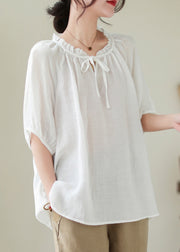 Modern White Lace Up Ruffled Linen Shirts Summer