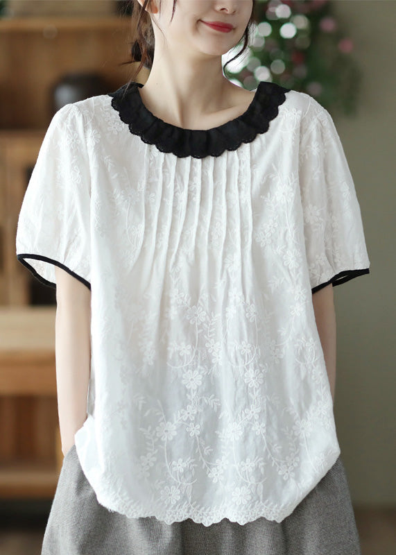 Modern White O-Neck Embroidered Patchwork Wrinkled Cotton Top Short Sleeve