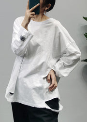 Modern White O-Neck Hole Patchwork Cotton Top Long Sleeve