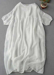 Modern White O-Neck Patchwork Linen Long Dresses Half Sleeve