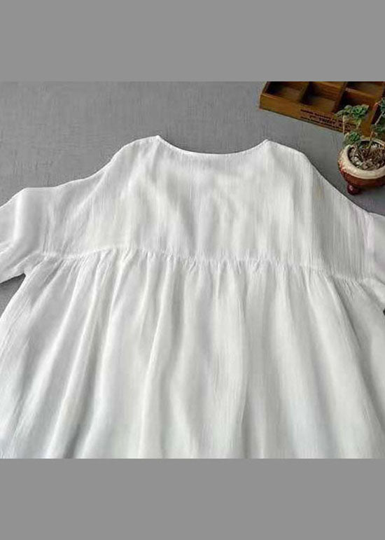 Moderne weiße Patchwork-Leinen-Kleider mit halbem Ärmel und O-Ausschnitt