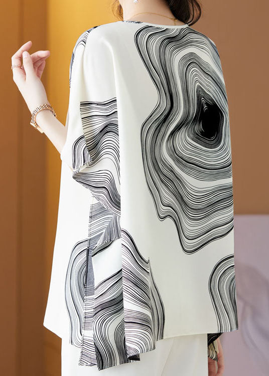 Modern White O Neck Print Patchwork Silk Shirt Top Summer