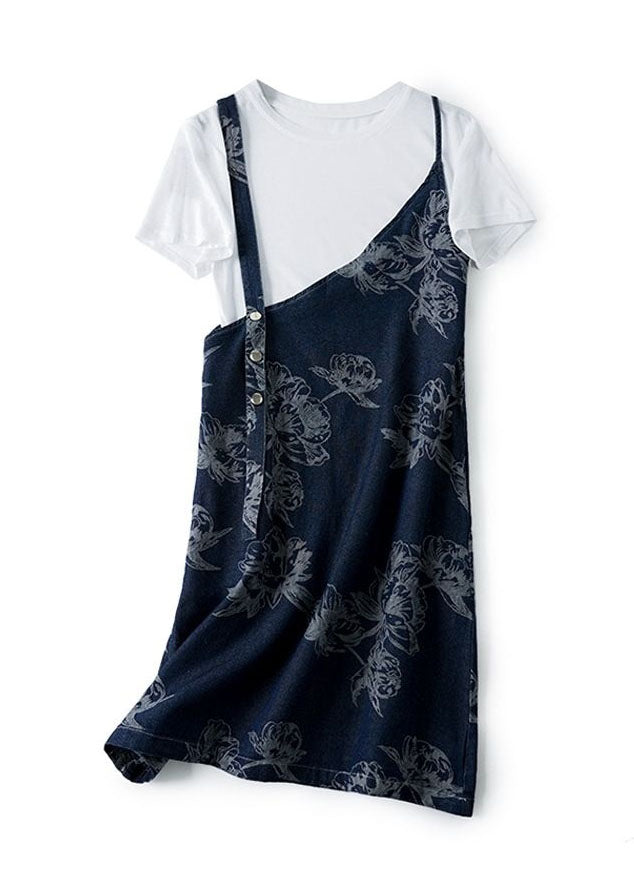 Modern White O-Neck T Shirt And Spaghetti Strap Dress Cotton Two Pieces Set Summer