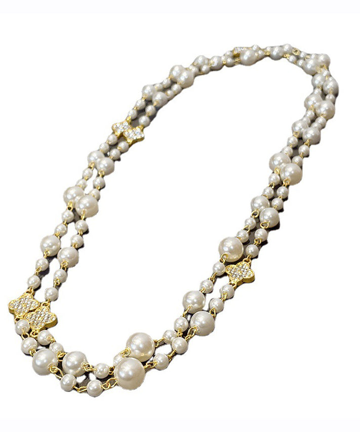 Modern White Overgild Pearl Clover Zircon Princess Necklace