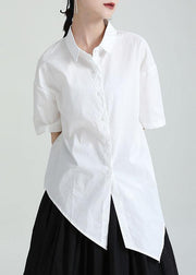 Modern White Patchwork Asymmetrical Design Summer Cotton Blouses Half Sleeve - SooLinen