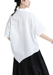 Modern White Patchwork Asymmetrical Design Summer Cotton Blouses Half Sleeve - SooLinen